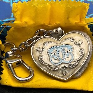 Sharif Designs Heart Bag Charm Keychain Mirror Silver Blue Enamel Big Cats w Box